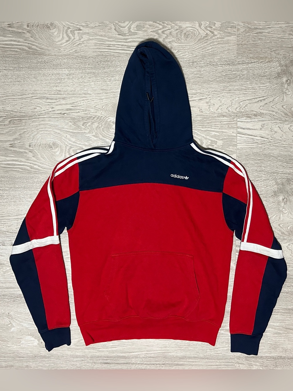 adidas Red and Navy Colorblock Hooded Pullover Sweater